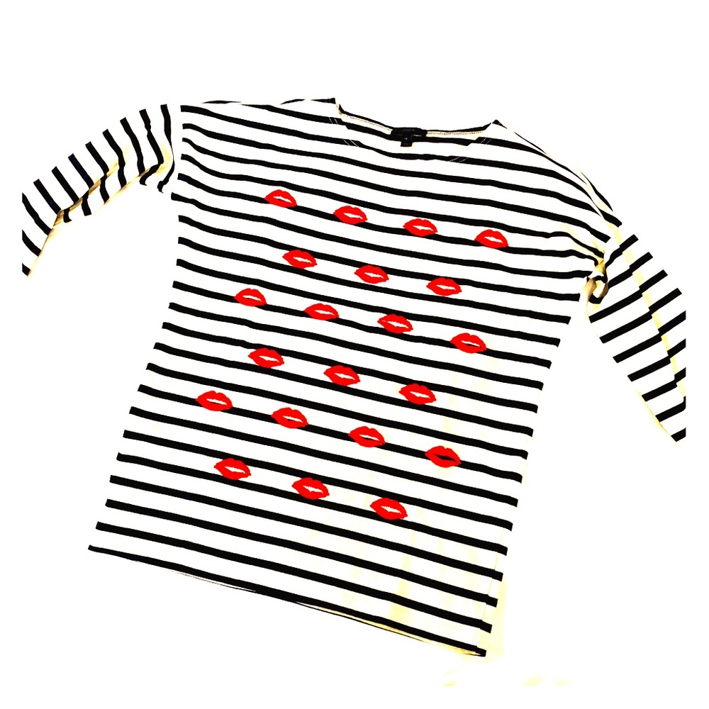 J. Crew Lips Embroidered B&W Striped Top